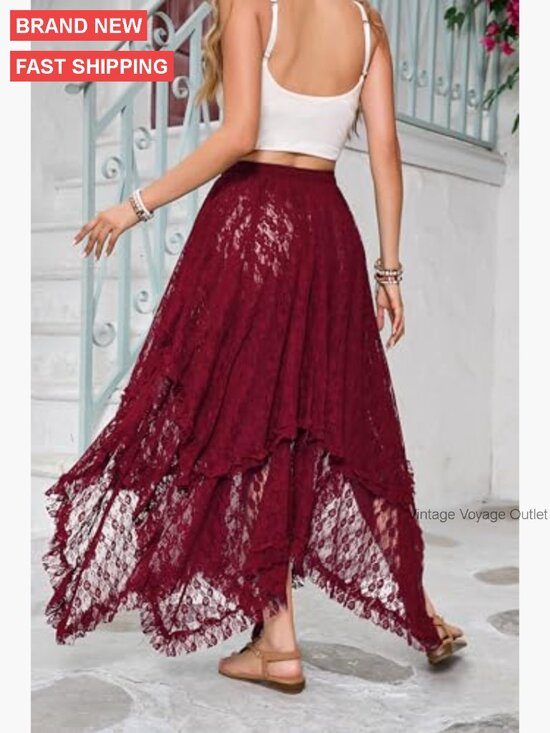Women's Lace Maxi Skirt Elastic Waist Asymmetrical Hem Beach Cover Up - Picture 5 of 7